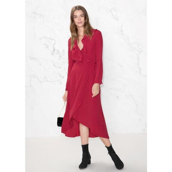 & OTHER STORIES Ruffle Tie Midi Wrap Dress Womens 6 Red Polka Dot Long Sleeve - Picture 1 of 16